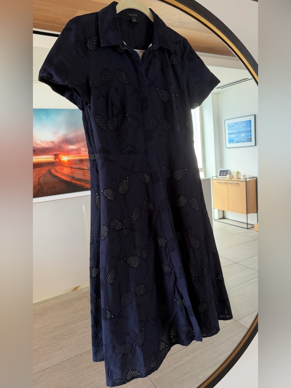 Ann Taylor Navy Blue Tennis Eyelet Button-Front Midi Shirt Dress Size 2